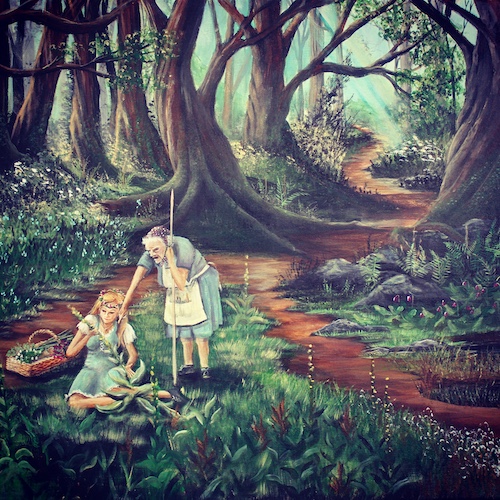 painting of grandmother and daughter witches foraging for herbs