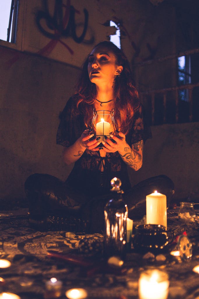 Spooky witch among candles during ritual